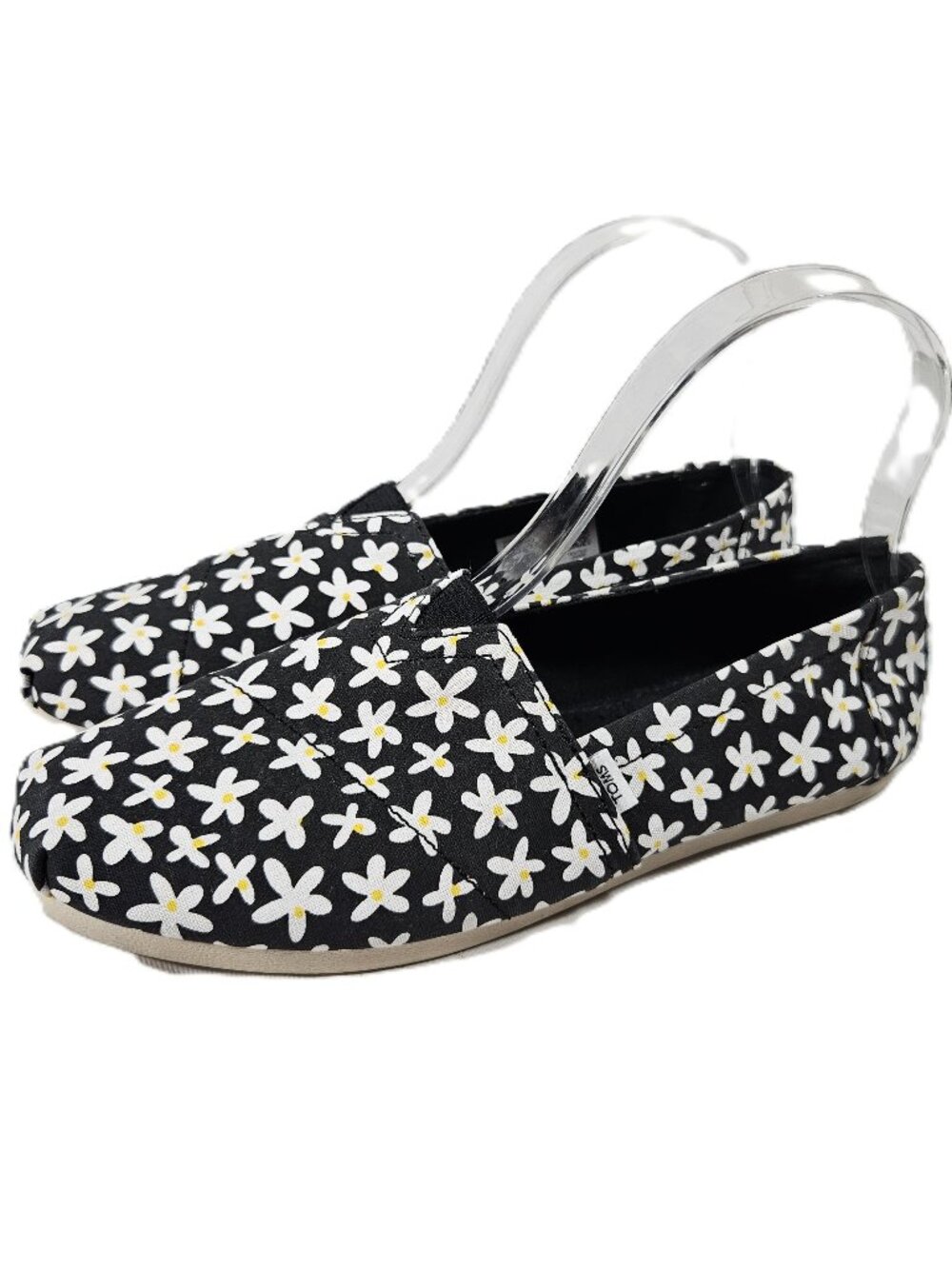 Toms Black Loafers with White Flowers Daisies Women's Size 6.5